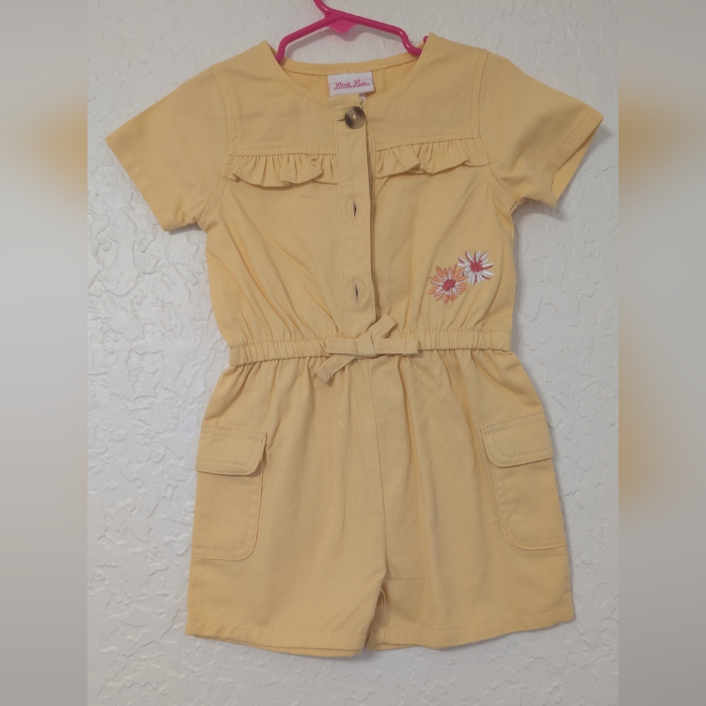 Little Lass Girls Yellow Romper Short Sleeve Ruffle Floral Embroidered Size 3T